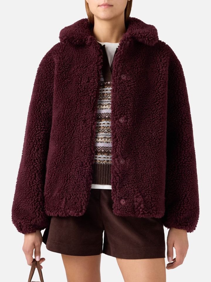 Giacca Jeanne melanzana in teddy di misto lana con patch logo