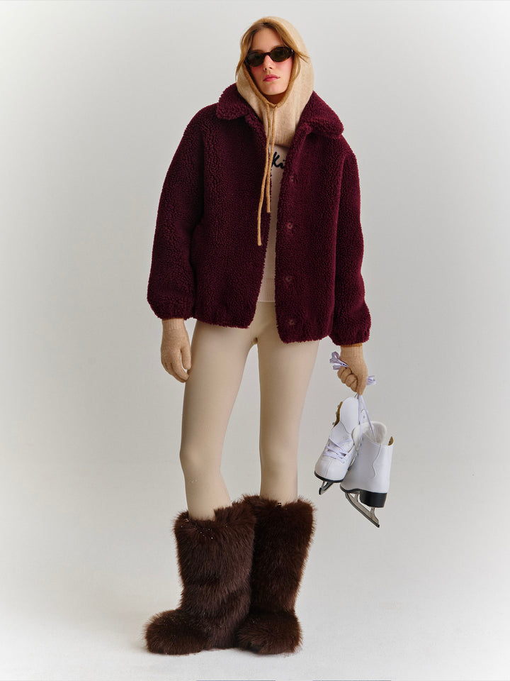 Chaqueta teddy Jeanne en mezcla de lana Aubergine con parche del logo 