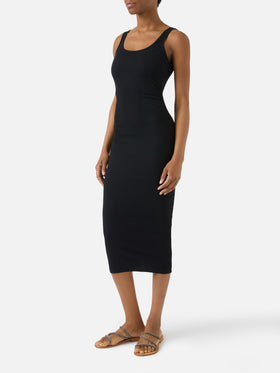Abito midi Jennifer nero in cotone elasticizzato a costine