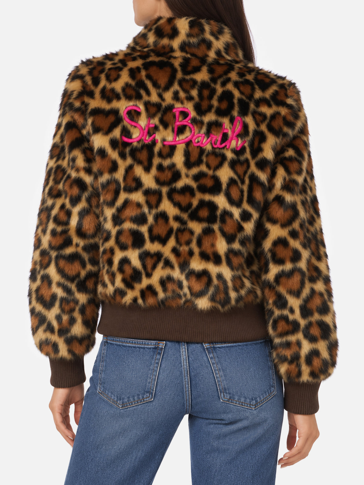 Veste en fausse fourrure marron Janette avec imprimé cœur animalier 