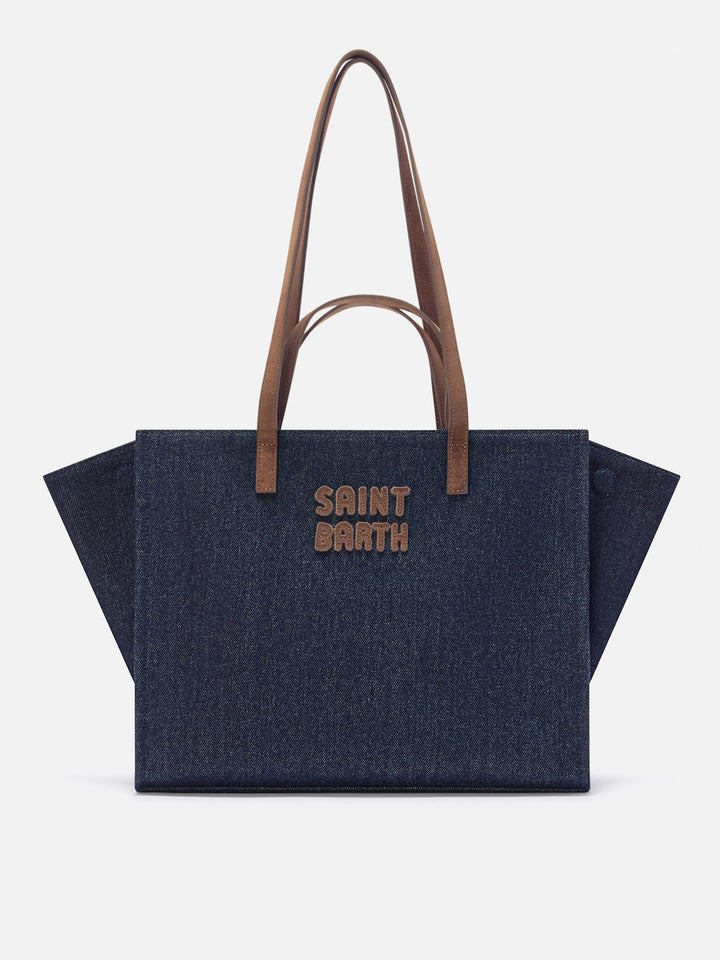 Borsa Large Jour blu in denim con manici in camoscio