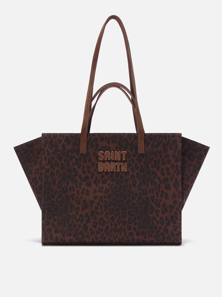 Große Jour-Denimtasche mit Leopardenprint und Wildledergriffen 