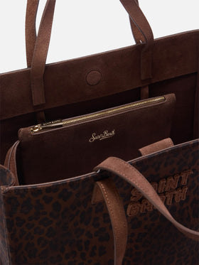 Borsa Large Jour in denim con stampa leopardo e manici in camoscio