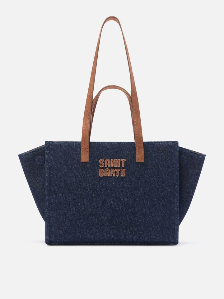 Blue Sac Jour medium en denim avec poignées en daim 