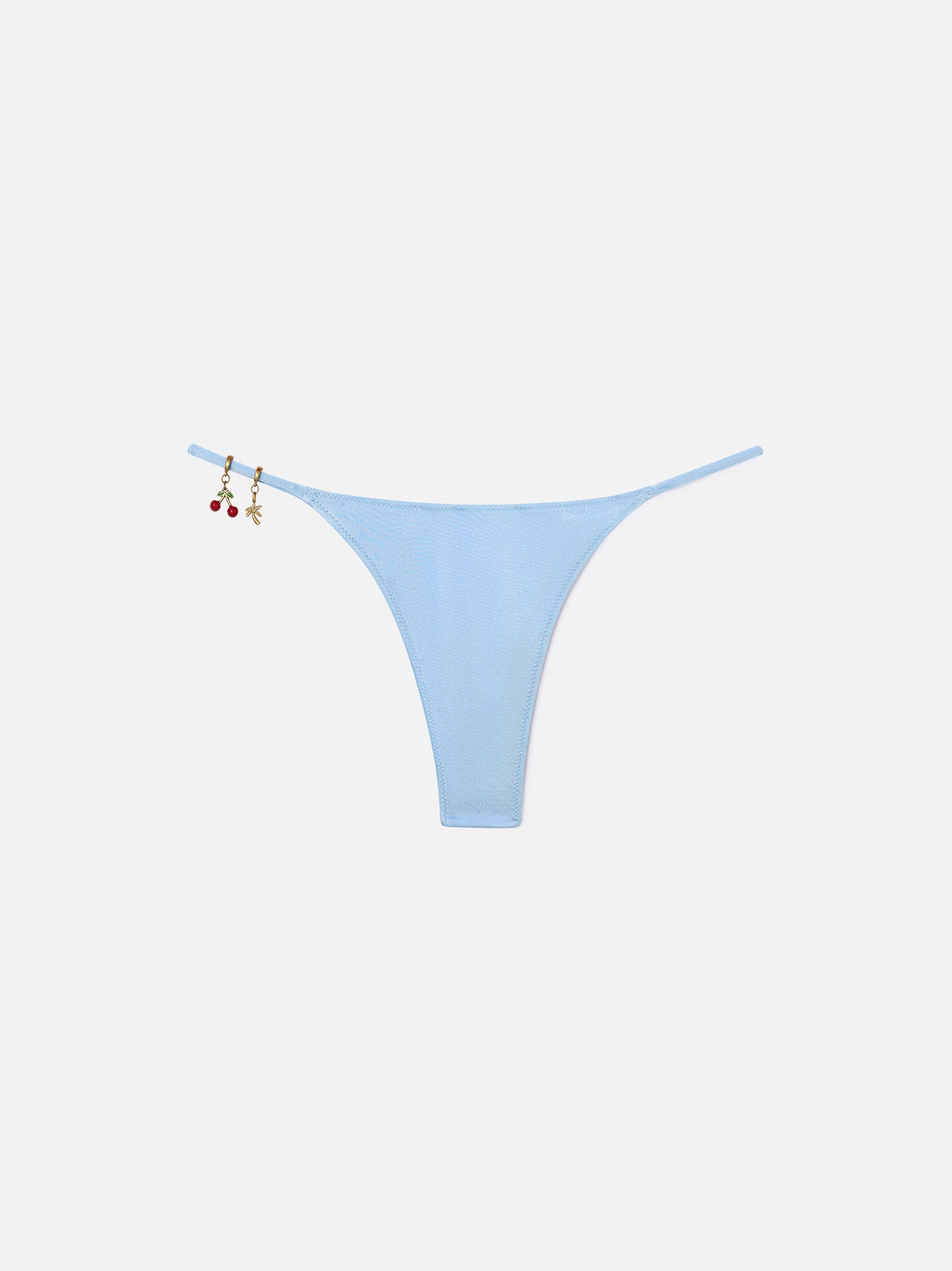 Jodene thong bikini bottoms in light blue glossy-finish fabric with charm details