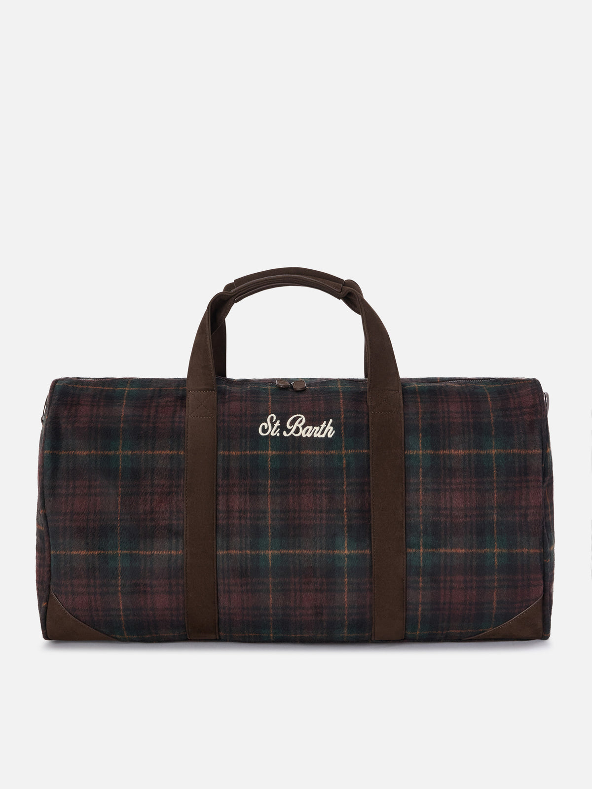 Jetleg wool blend duffle bag with tartan pattern and faux leather trims