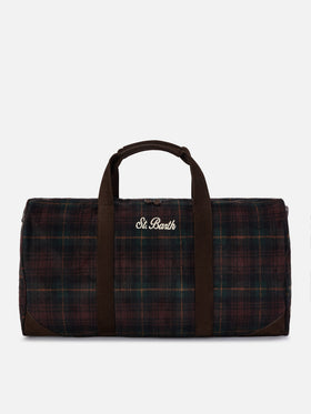 Jetleg wool blend duffle bag with tartan pattern and faux leather trims