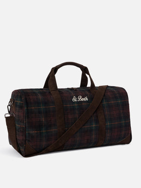 Jetleg wool blend duffle bag with tartan pattern and faux leather trims
