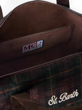 Jetleg wool blend duffle bag with tartan pattern and faux leather trims