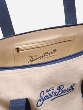 Round Jetleg beige linen weekender with contrasting embroidered logo