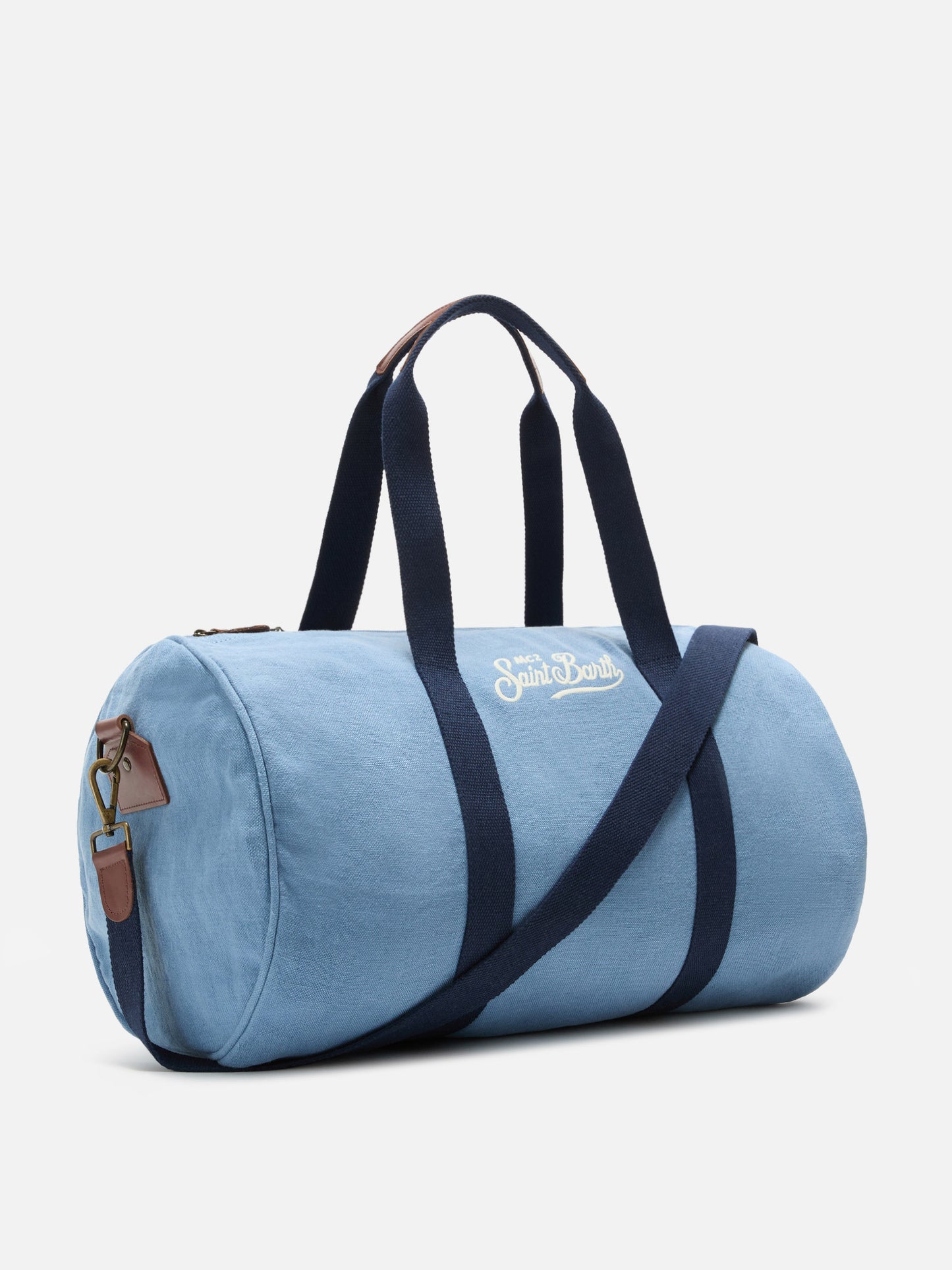 Round Jetleg blue linen weekender with contrasting embroidered logo