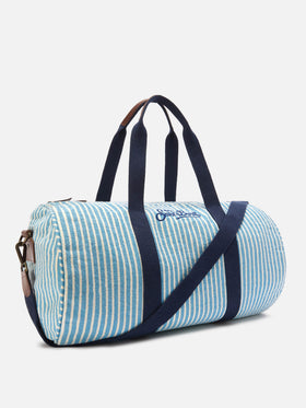 Round Jetleg blue and white striped linen weekender