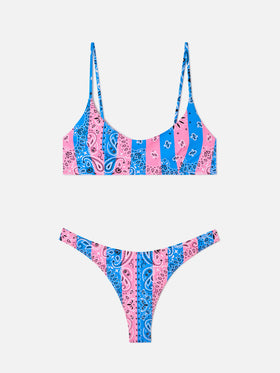 Bikini bralette tipo bandana a rayas Judy Naomi en azul empolvado y rosa 