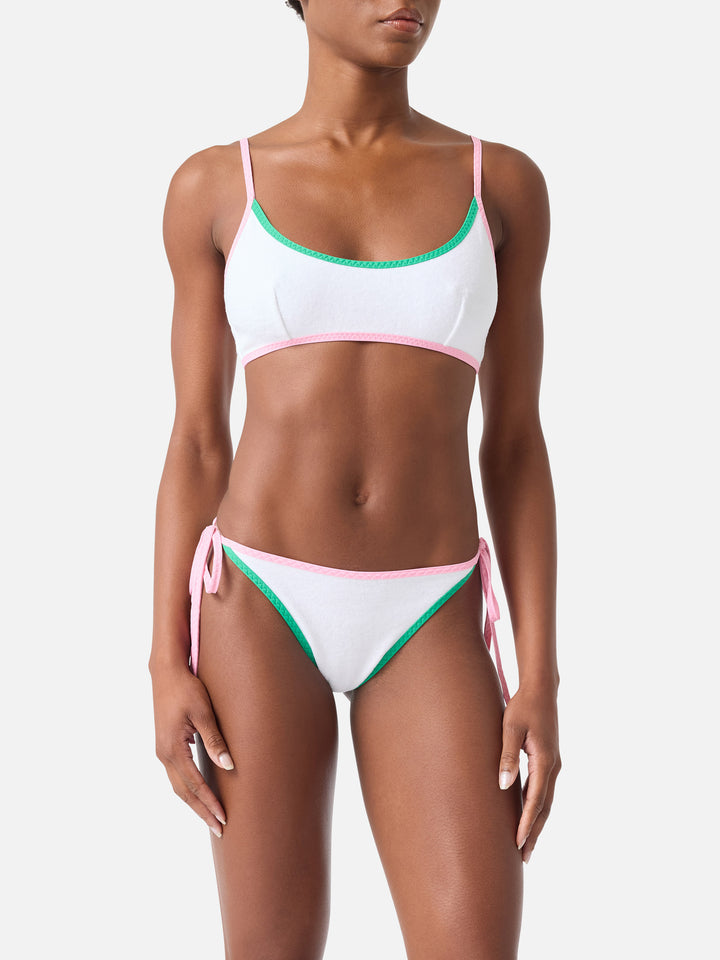 Judy Marielle white terry bralette bikini with piping