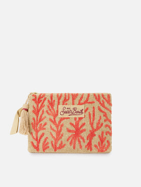 Jute pouch with embroidered coral pattern
