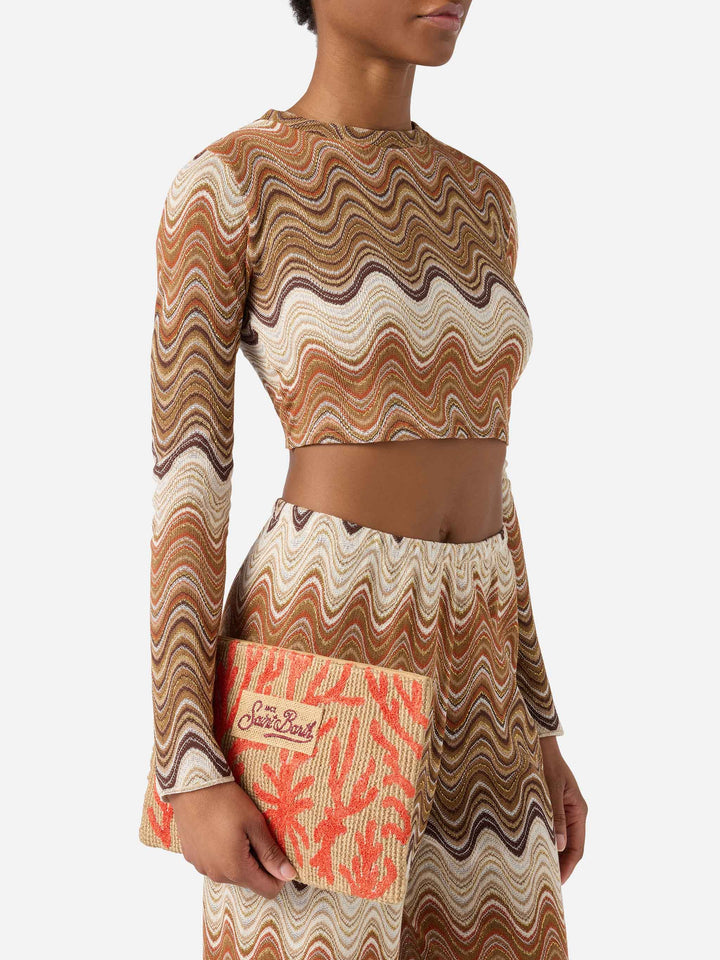 Pochette in juta con fantasia corallo ricamata