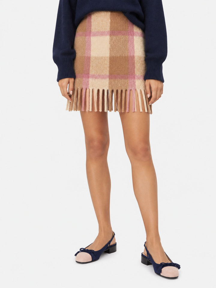 Gonna Katrine in maglia con fantasia tartan beige e rosa