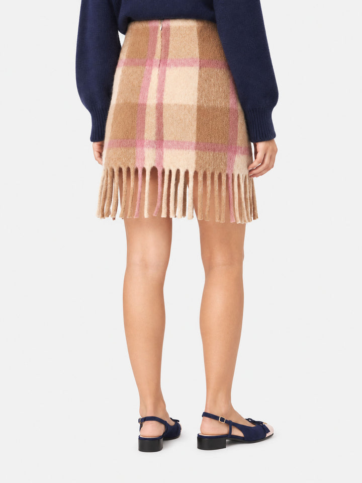 Gonna Katrine in maglia con fantasia tartan beige e rosa