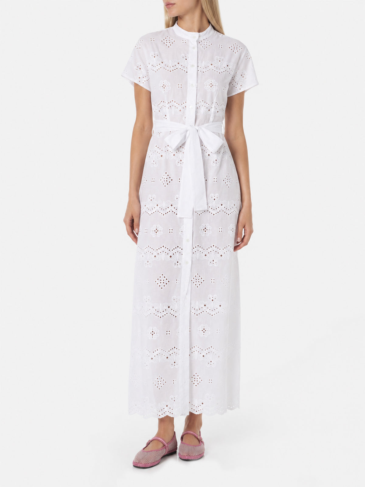 Weißes langes Keira Sangallo-Kleid 
