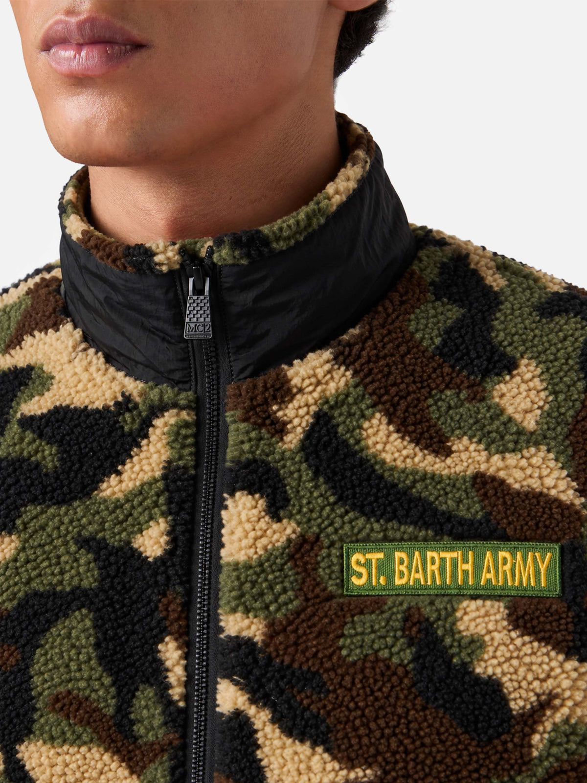 Camouflage Keystone sherpa jacket with St. Barth Army patch