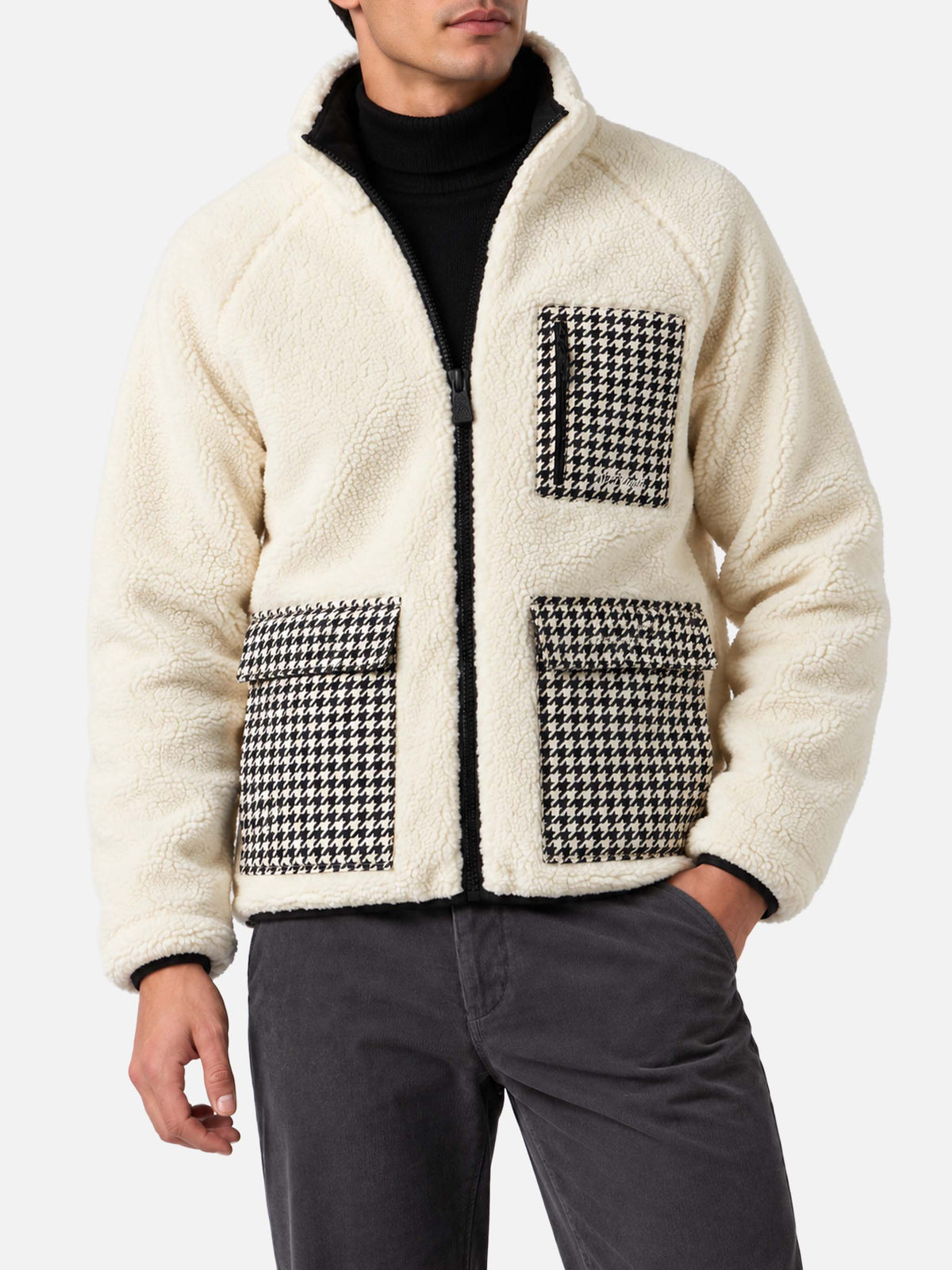Chaqueta Keystone de sherpa blanca con bolsillos de parche pied de poule 