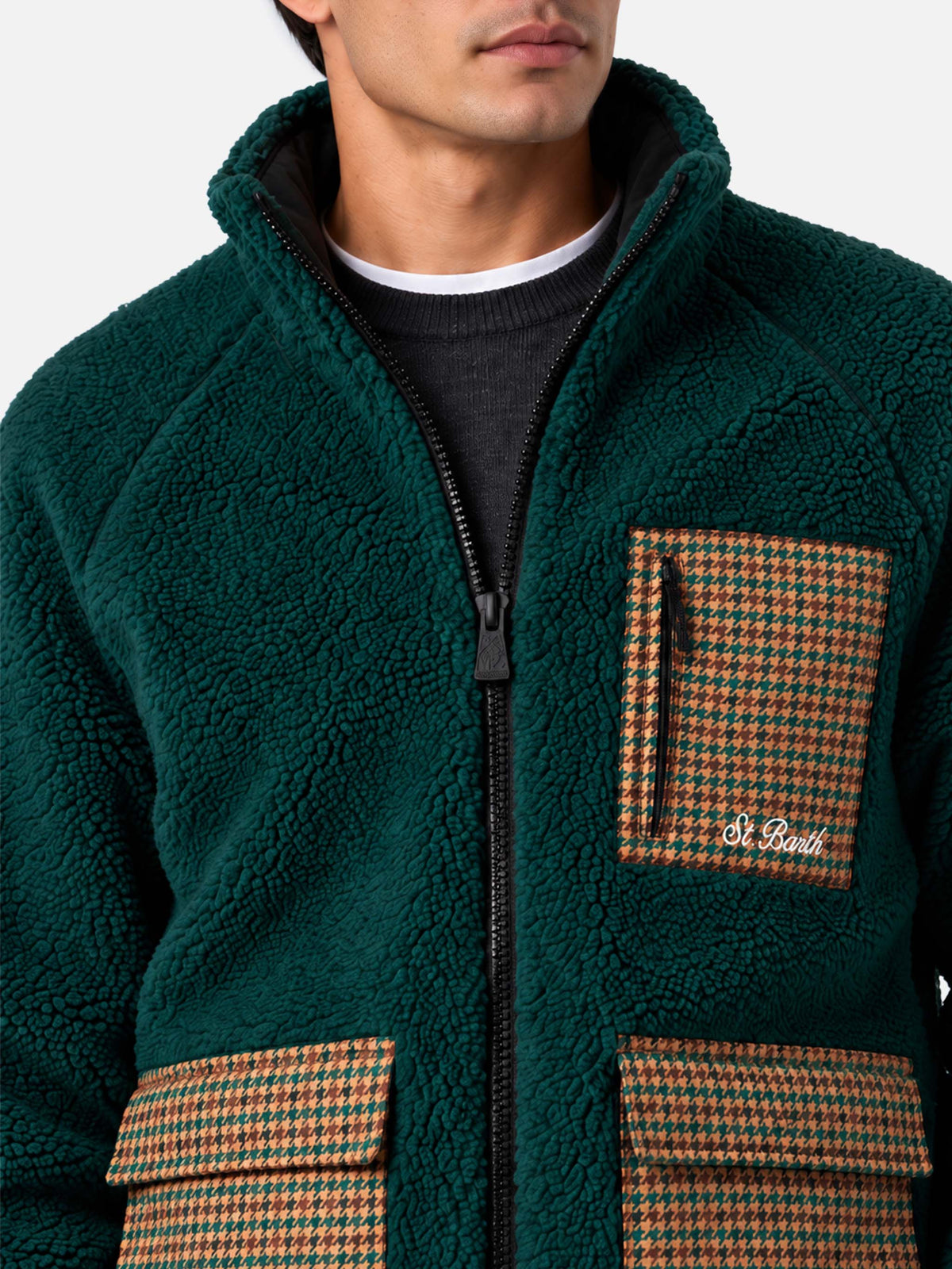 Keystone grüne Sherpa-Jacke mit Patch-Taschen in Pied-de-Poule-Optik 