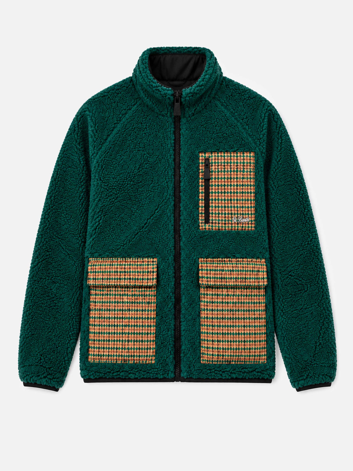 Keystone grüne Sherpa-Jacke mit Patch-Taschen in Pied-de-Poule-Optik 
