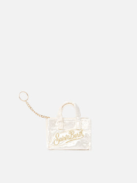 Portachiavi in tessuto ciniglia bianco con ricamo logo