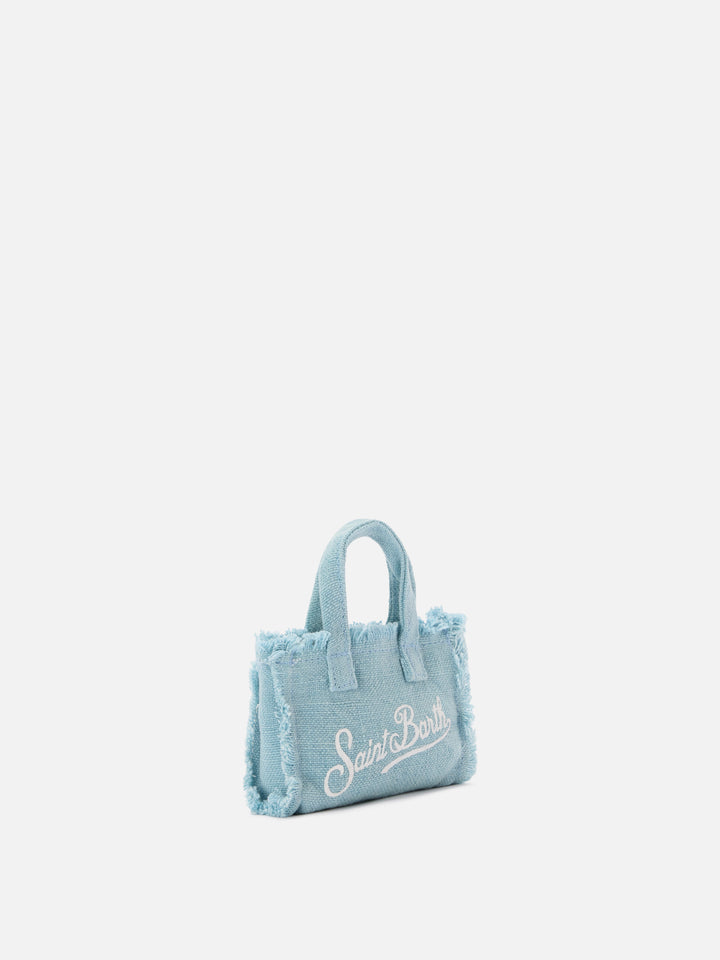 Keychain a forma di mini borsa in lino azzurro con logo stampato