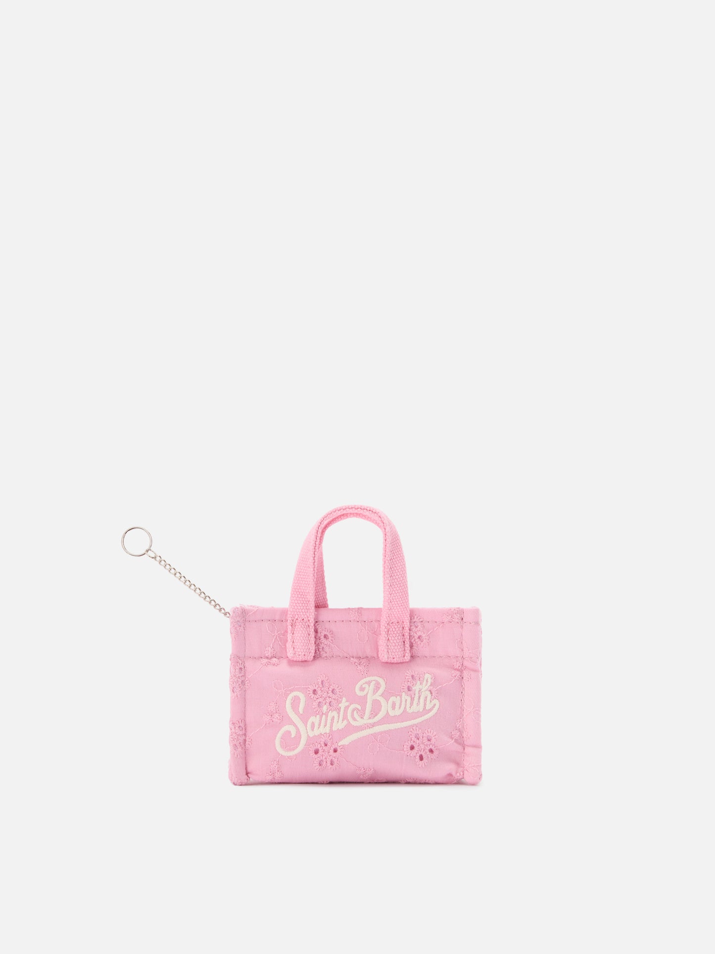 Keychain a forma di mini borsa in cotone sangallo con logo stampato