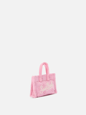 Keychain a forma di mini borsa in cotone sangallo con logo stampato