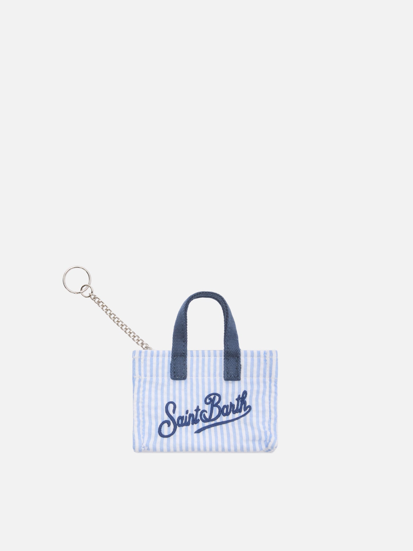 Keychain a forma di mini borsa in cotone a righe con logo stampato