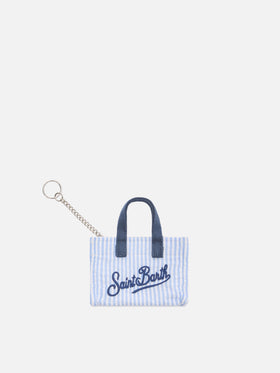 Keychain a forma di mini borsa in cotone a righe con logo stampato