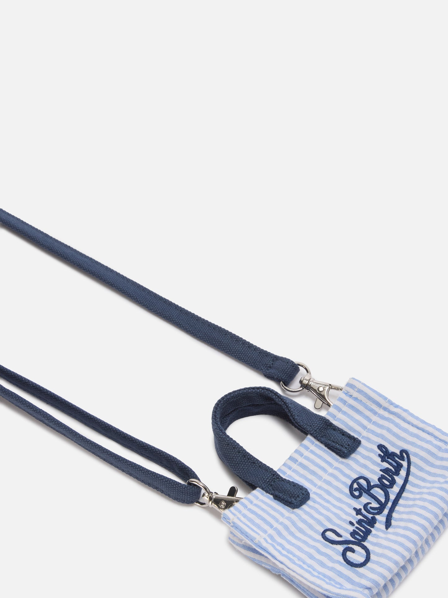 Keychain a forma di mini borsa in cotone a righe con logo stampato