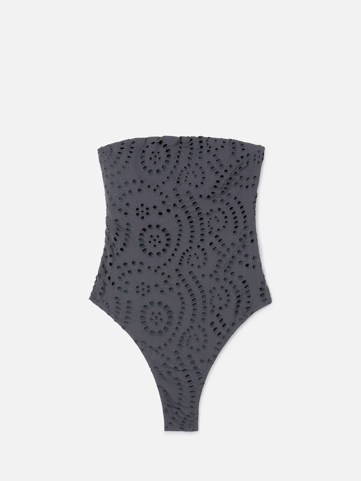 Khyra bandeau one-piece swimsuit in dark grey sangallo textile