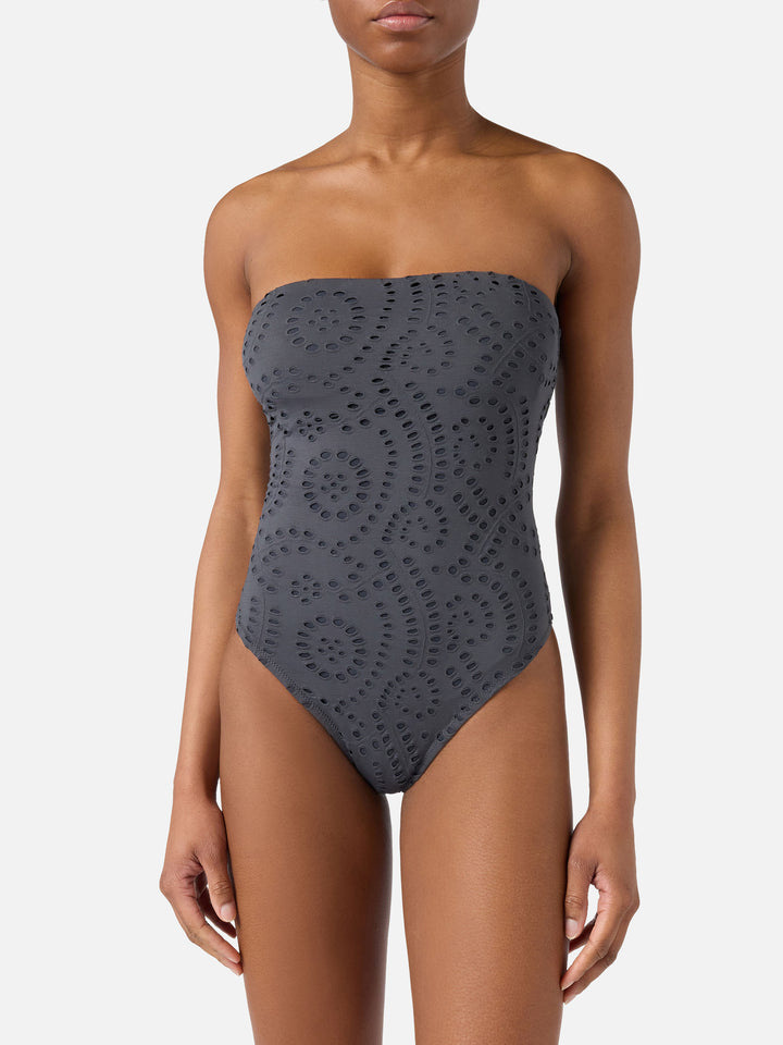 Khyra bandeau one-piece swimsuit in dark grey sangallo textile