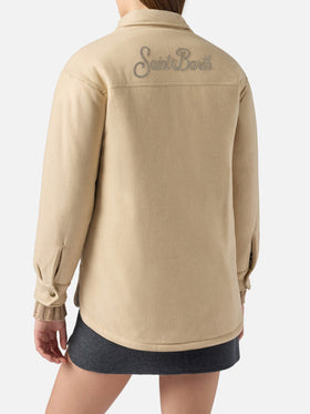 Woman wooly jacket with Saint Barth rhinestones print