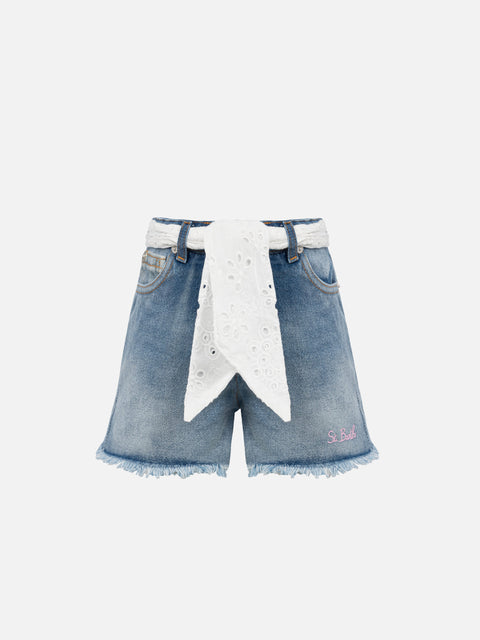 Kiko Jr denim shorts with Sangallo lace and embroidered details - MC2 Saint Barth