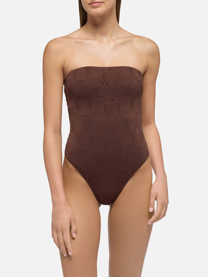 Kayla brown sangallo lace one-piece swimsuit