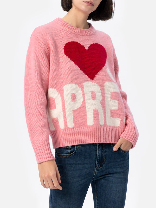 Woman pink fair isle sweater Kyla with Apres Ski print