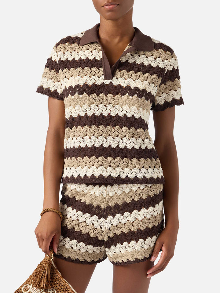 Lala crochet-effect cotton blend polo with striped pattern