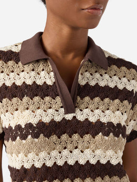 Lala crochet-effect cotton blend polo with striped pattern