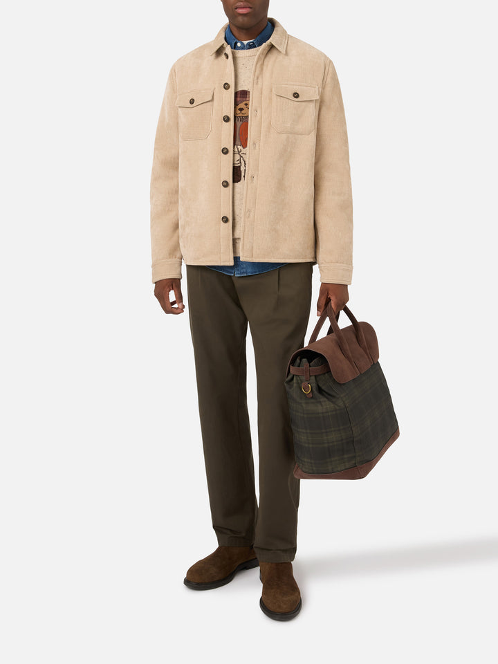 Beigefarbenes Landeck Cord-Overshirt mit Teddyfutter 