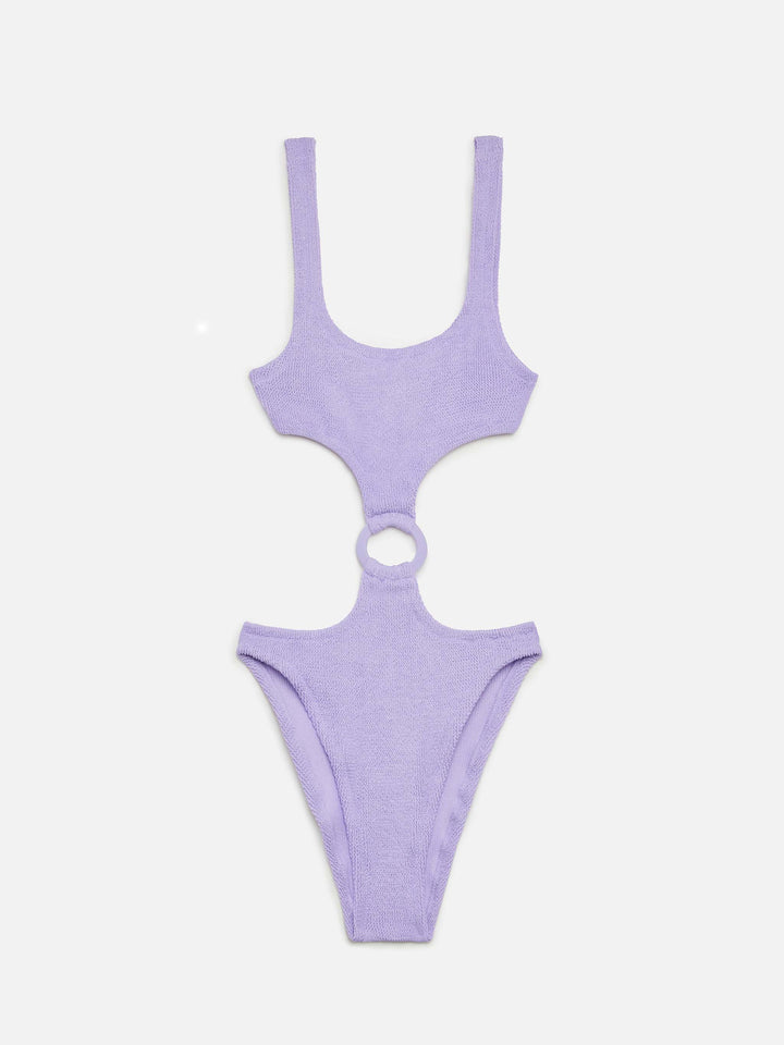 Einteiliger Badeanzug „Laurel Crinkle Lurex“ in Flieder mit Cut-outs