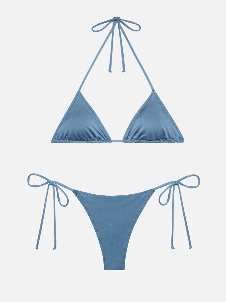 Leah top bikini triangolo shimmer blu avio - Marielle slip mare classico in shimmer avio blue
