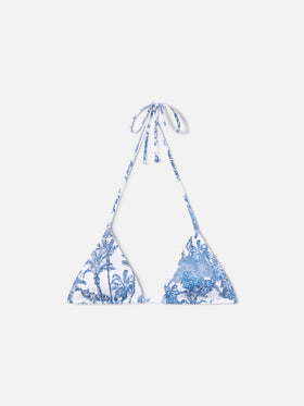 Top bikini Leah triangolo con stampa toile de jouy azzurra