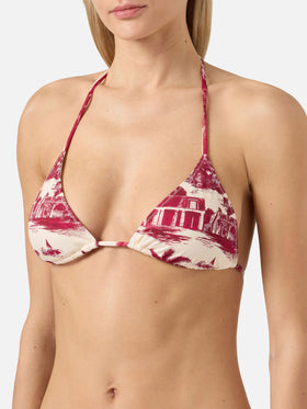 Top bikini Leah triangolo con stampa toile de jouy bordeaux
