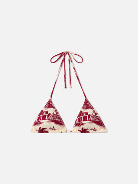 Top bikini Leah triangolo con stampa toile de jouy bordeaux
