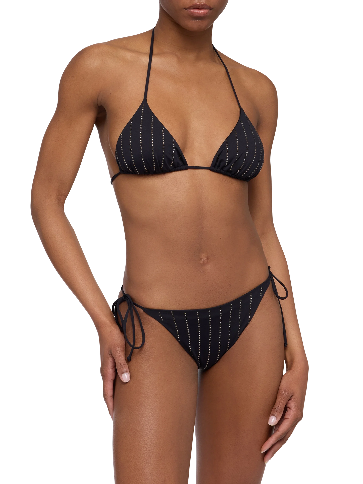Black classic triangle bikini Leah Marielle with striped rhinestone embellishment