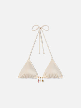 Top de bikini triangular Leah en tejido de acabado brillante con charms 
